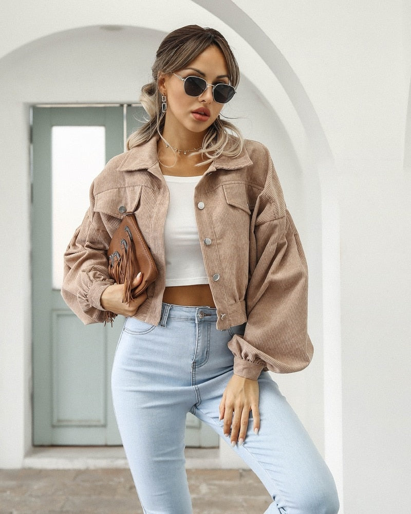 Jackets for Women Lantern Sleeve Cropped Bomber Jacket Overcoat Outwear Fashion Spring Vintage Corduroy Autumn Winter Coat Khaki