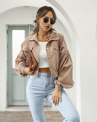 Jackets for Women Lantern Sleeve Cropped Bomber Jacket Overcoat Outwear Fashion Spring Vintage Corduroy Autumn Winter Coat Khaki