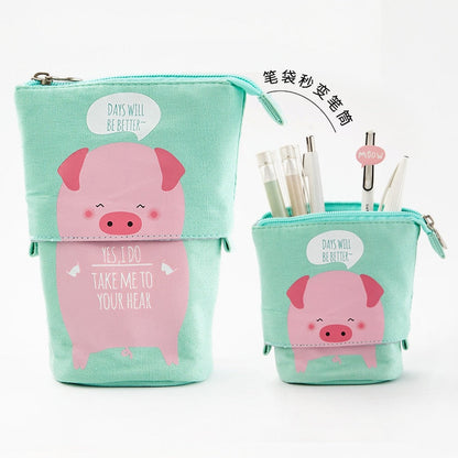 Kawaii Cat Bear Sheep Pencil Bag Pen Case Flexible Big Capacity Fabric Quality Pencil Box Kids Gift School Supplies Stationery 6- Pig