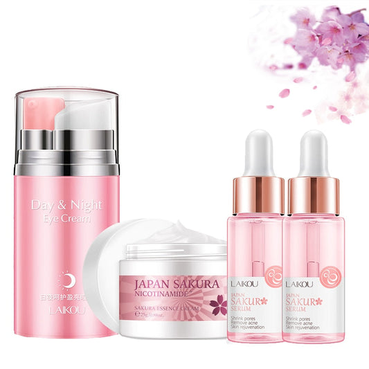 LAIKOU Japan Sakura Face Cream Repair Dry Skin Brighten Tone Face Serum Day & Night Eye Cream Moisturizing Skin Care Set