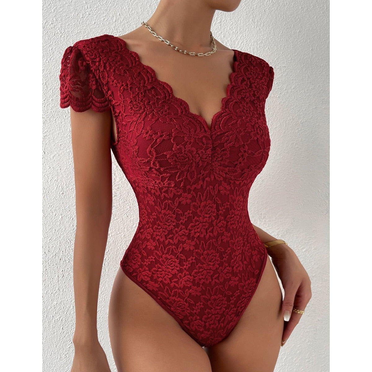 Lace Bodysuit Playsuit Romper Bottom Summer Thin Bodysuits Womens Clothing Ropa De Mujer Sexy Nightclub Overalls Jumpsuit Women 11-10512-wine red