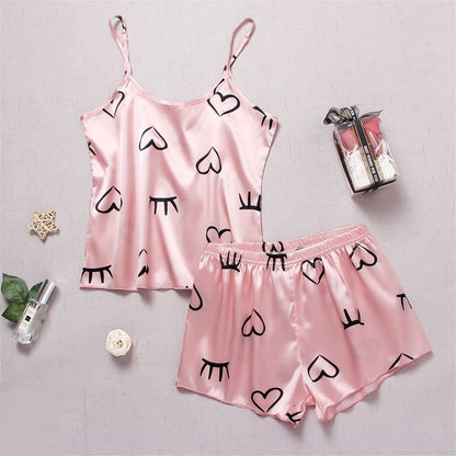 Ladies Satin Silk Lace Cami Vest Shorts Lingerie Pyjamas Set Summer Women Pajamas sets Two Piece set Pijama For Woman F Pink