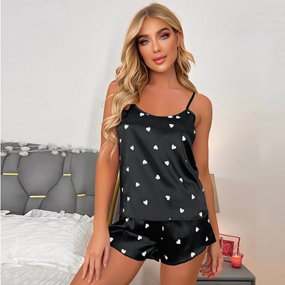 Ladies Satin Silk Lace Cami Vest Shorts Lingerie Pyjamas Set Summer Women Pajamas sets Two Piece set Pijama For Woman D Black White