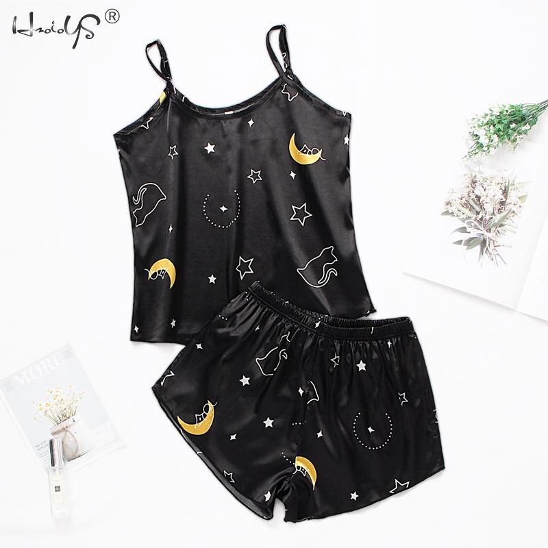 Ladies Satin Silk Lace Cami Vest Shorts Lingerie Pyjamas Set Summer Women Pajamas sets Two Piece set Pijama For Woman A YELLOW