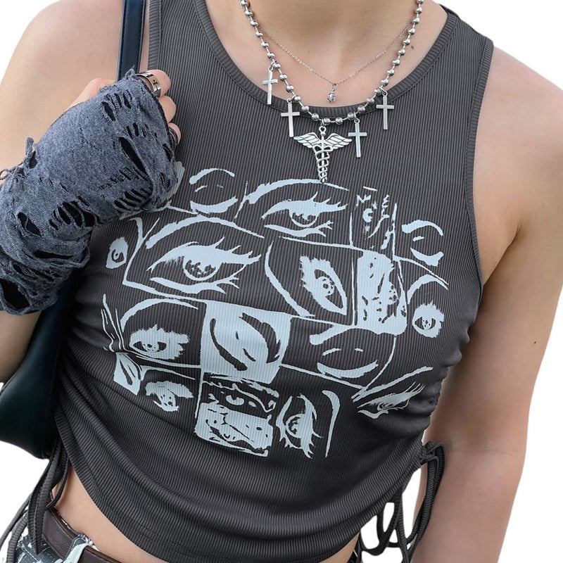 Ladies Slim Camisole Women Crop Tops Summer Clothes Girls Creative Plant Rhinestone Round Collar Sleeveless Base Shirt 6A