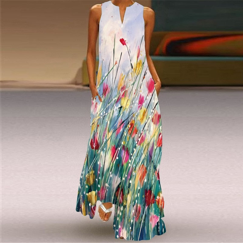 Ladies Spring Summer Long Dress White Sleeveless V-neck Casual Beach Dresses Elegant Printed Loose Vintage Dress Women