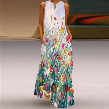 Ladies Spring Summer Long Dress White Sleeveless V-neck Casual Beach Dresses Elegant Printed Loose Vintage Dress Women VACQ-363