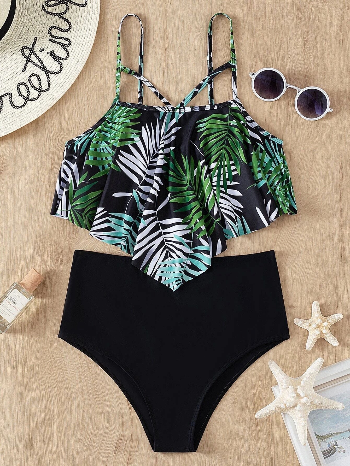 Leaf Print Hanky Hem Bikini Women Two Piece Swimwear Ruffle Swimsuit Sexy Summer Beach Bathing Suit 2023 High Waist Bikini Set