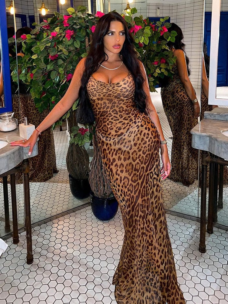 Leopard Print V-Neck Sexy Bodycon Long Dress Women Lace Up Backless Summer Dresses Female Straps Party Beach Vestidos