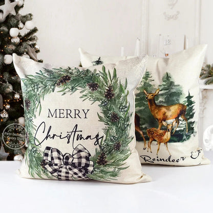 Linen Merry Christmas Pillow Cover 45x45cm Throw Pillowcase Winter Christmas Decorations for Home Tree Deer Sofa Cushion Cover