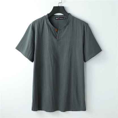 Linen T-shirt Men Summer Solid Color Tshirt Fashion Casual Linen Tees Tops Male Henley Collar T Shirt Plus Size 8XL 9XL grey