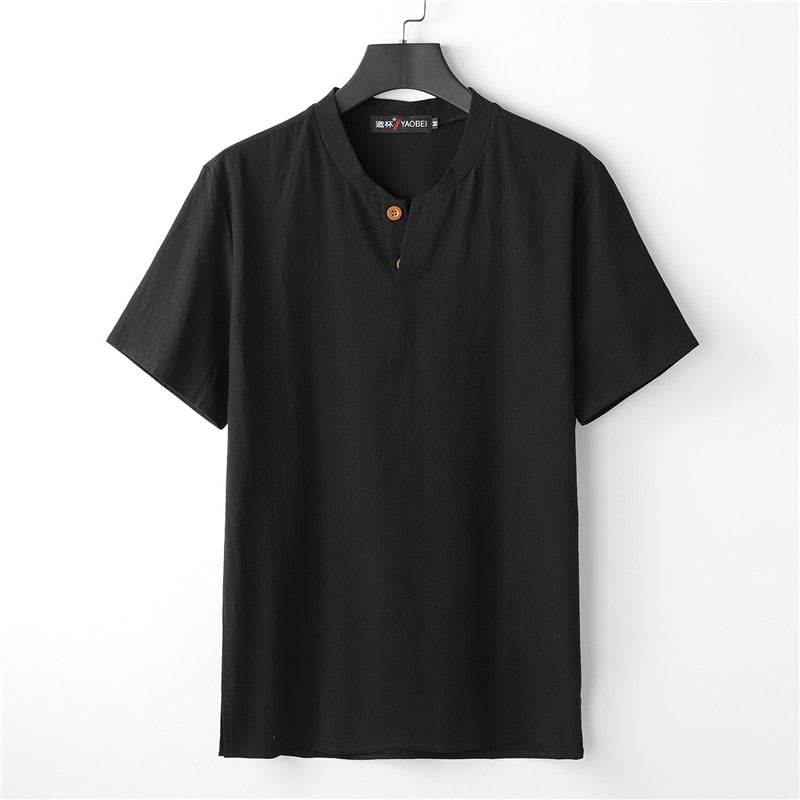 Linen T-shirt Men Summer Solid Color Tshirt Fashion Casual Linen Tees Tops Male Henley Collar T Shirt Plus Size 8XL 9XL black