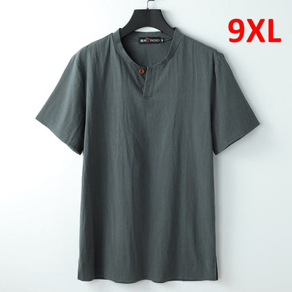 Linen T-shirt Men Summer Solid Color Tshirt Fashion Casual Linen Tees Tops Male Henley Collar T Shirt Plus Size 8XL 9XL