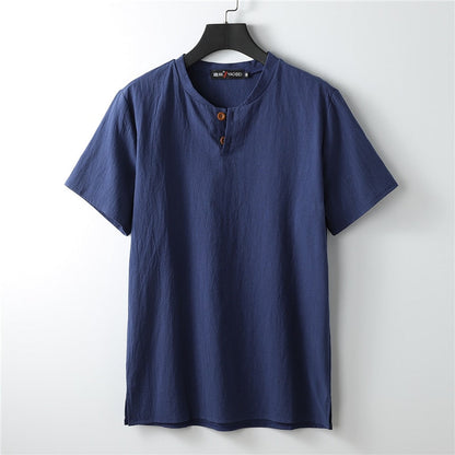 Linen T-shirt Men Summer Solid Color Tshirt Fashion Casual Linen Tees Tops Male Henley Collar T Shirt Plus Size 8XL 9XL
