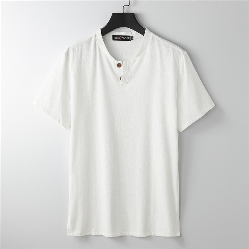 Linen T-shirt Men Summer Solid Color Tshirt Fashion Casual Linen Tees Tops Male Henley Collar T Shirt Plus Size 8XL 9XL white