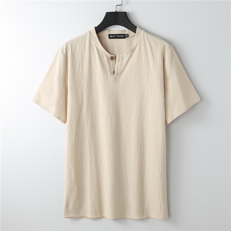 Linen T-shirt Men Summer Solid Color Tshirt Fashion Casual Linen Tees Tops Male Henley Collar T Shirt Plus Size 8XL 9XL khaki