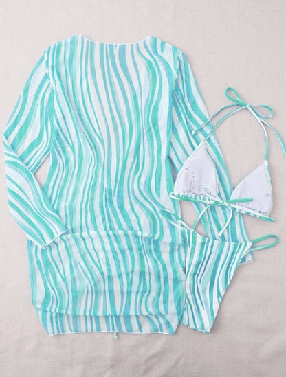 Long Sleeves Dress 2023 Print 3 Pieces Bikinis Set Brazilian Triangle Swimsuit Women Sexy Swimwear Women Sport Bathing Suit