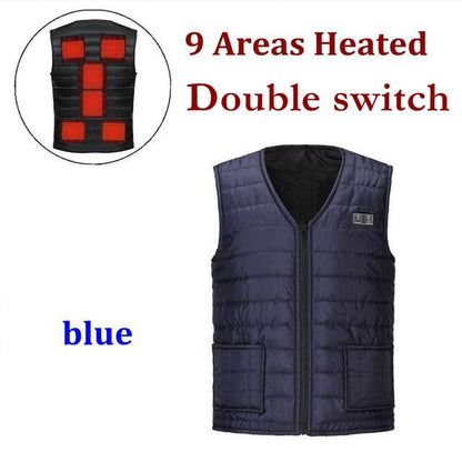 Men Autumn winter Smart heating Cotton Vest 9 area Heated V neck vest Women Outdoor Flexible Thermal Winter Warm Jacket M-7XL 9 Areas Heated Blue
