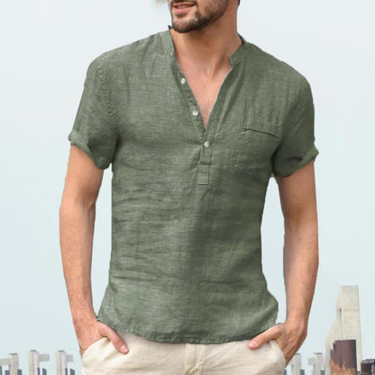 Men Casual Cotton Linen ShirtsStanding Collar Male Solid Color Long Sleeves Loose Tops Spring Autumn Handsome Men's Shirts Army green