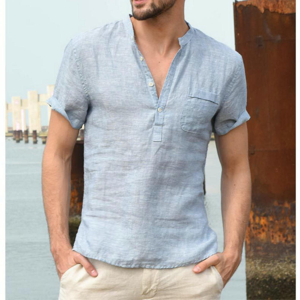 Men Casual Cotton Linen ShirtsStanding Collar Male Solid Color Long Sleeves Loose Tops Spring Autumn Handsome Men's Shirts Light blue