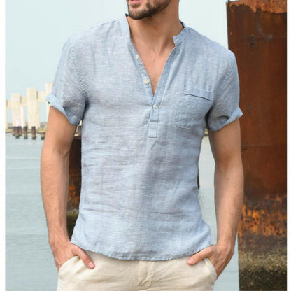 Men Casual Cotton Linen ShirtsStanding Collar Male Solid Color Long Sleeves Loose Tops Spring Autumn Handsome Men's Shirts Light blue