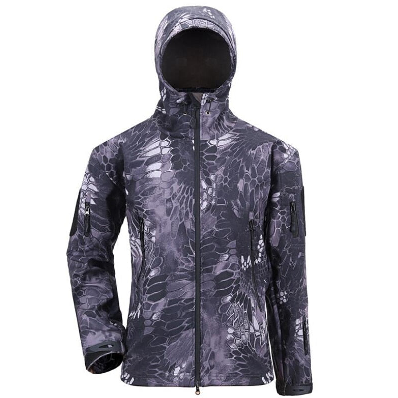 Men Military Tactical Hiking Jacket Outdoor Windproof Fleece Thermal Sport Waterproof Hunting Clothes Hooded Army Camo Outerwear black python