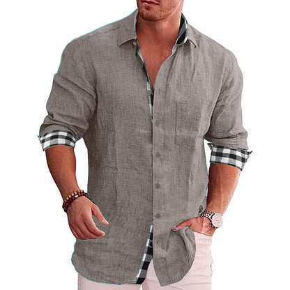 Men's Casual Cotton Linen Shirt Mock Neck Solid Long Sleeve Loose Top Spring and Autumn Handsome Fashion Shirt Grey