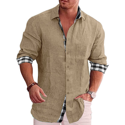 Men's Casual Cotton Linen Shirt Mock Neck Solid Long Sleeve Loose Top Spring and Autumn Handsome Fashion Shirt Khaki