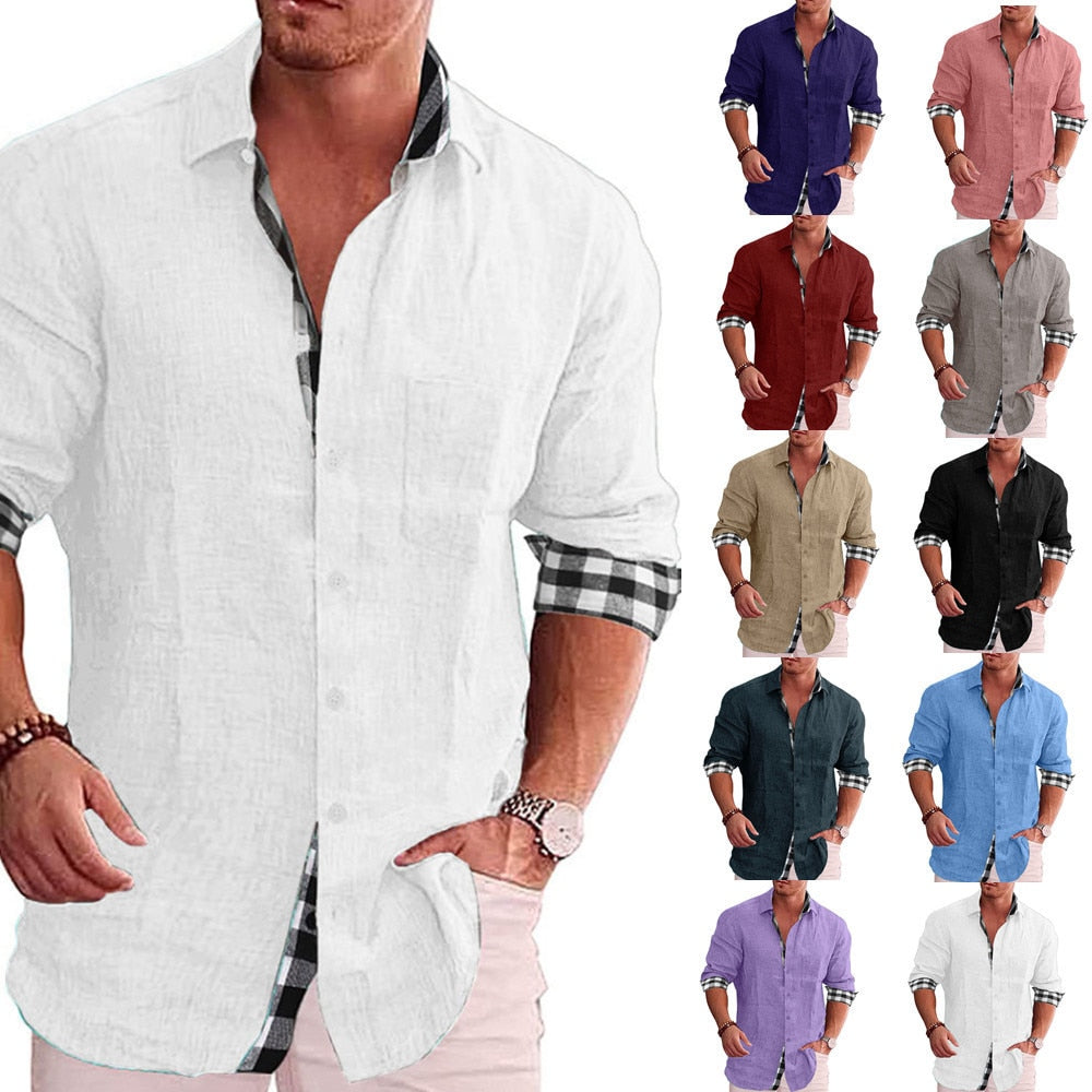 Men's Casual Cotton Linen Shirt Mock Neck Solid Long Sleeve Loose Top Spring and Autumn Handsome Fashion Shirt