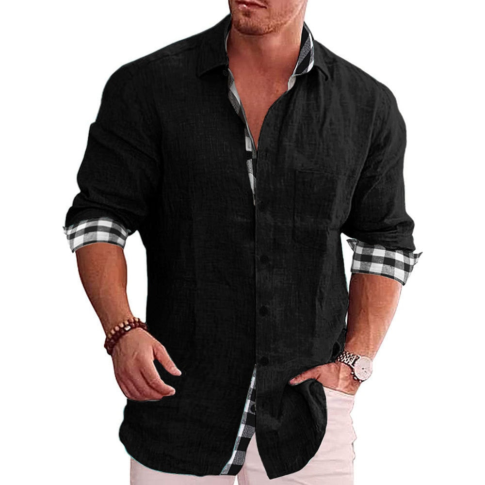 Men's Casual Cotton Linen Shirt Mock Neck Solid Long Sleeve Loose Top Spring and Autumn Handsome Fashion Shirt Black