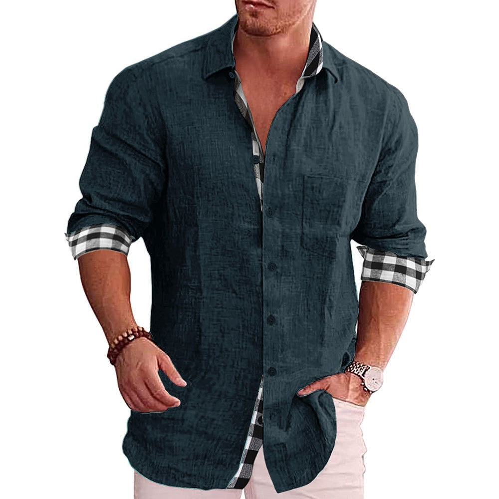 Men's Casual Cotton Linen Shirt Mock Neck Solid Long Sleeve Loose Top Spring and Autumn Handsome Fashion Shirt