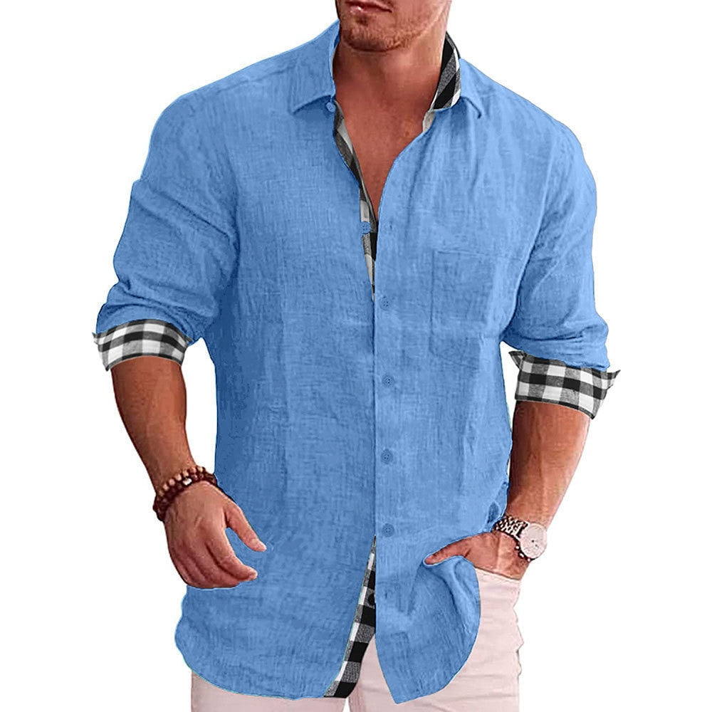 Men's Casual Cotton Linen Shirt Mock Neck Solid Long Sleeve Loose Top Spring and Autumn Handsome Fashion Shirt Blue