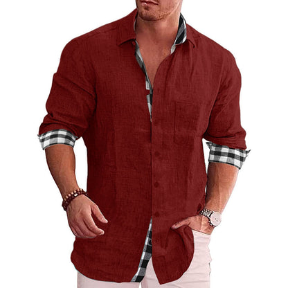 Men's Casual Cotton Linen Shirt Mock Neck Solid Long Sleeve Loose Top Spring and Autumn Handsome Fashion Shirt Wine red