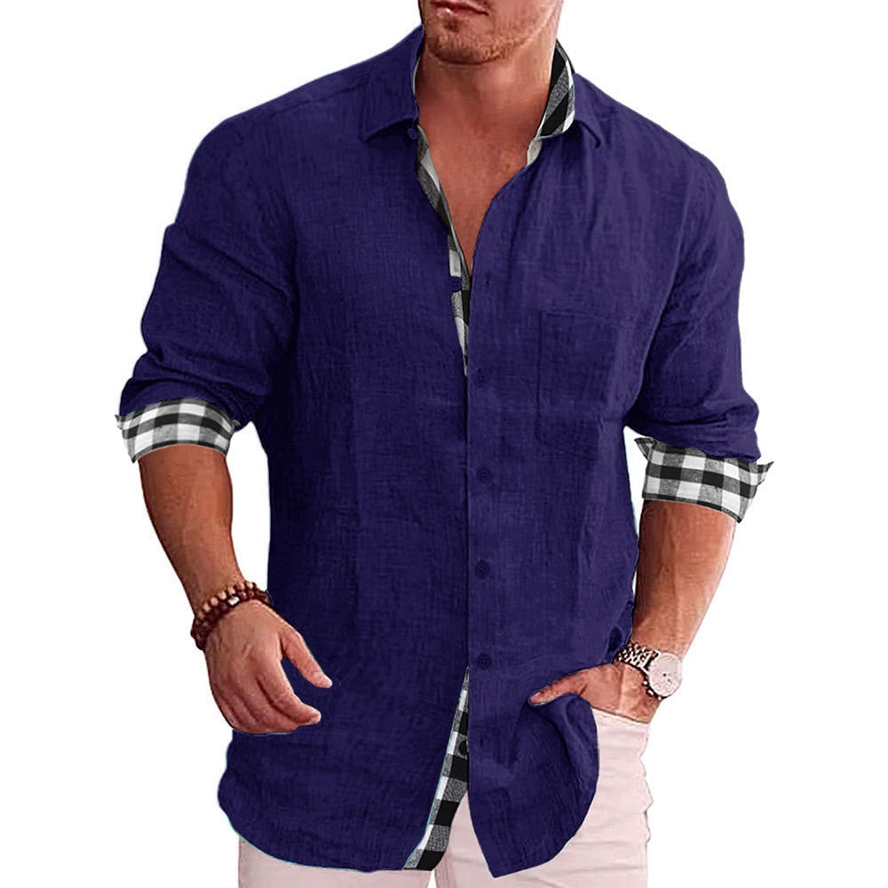 Men's Casual Cotton Linen Shirt Mock Neck Solid Long Sleeve Loose Top Spring and Autumn Handsome Fashion Shirt Dark purple