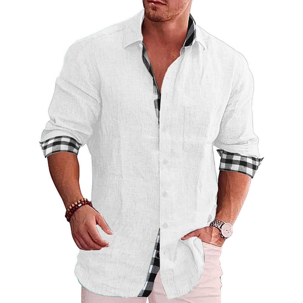 Men's Casual Cotton Linen Shirt Mock Neck Solid Long Sleeve Loose Top Spring and Autumn Handsome Fashion Shirt White