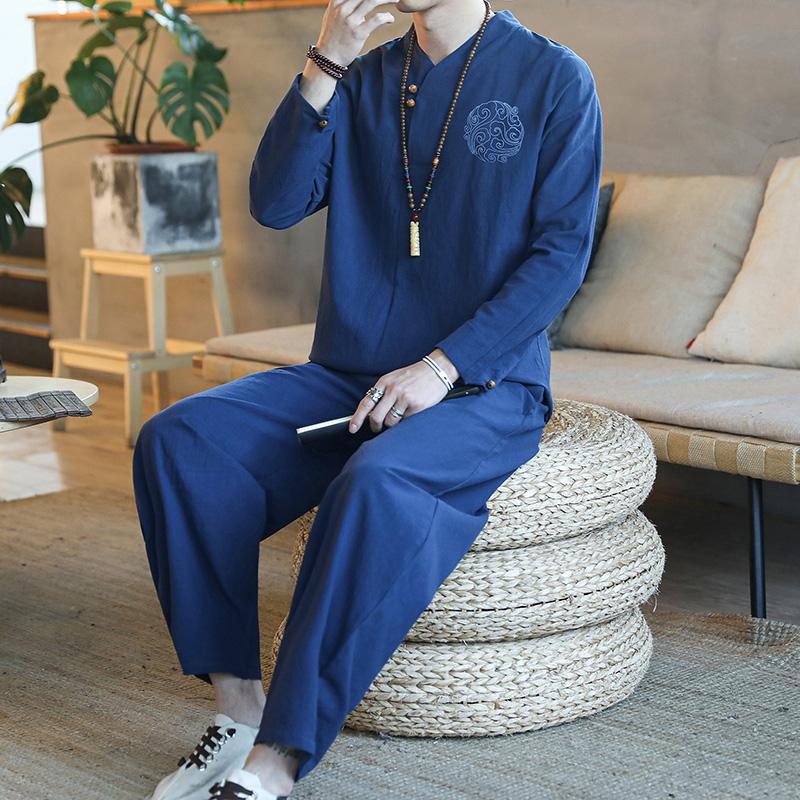 Men's Set Casual Suit Cotton Linen Shirt + Ankle Pants 2 Pieces Sets Oversize Men T-shirt Male Summer Tracksuit XXXXXL