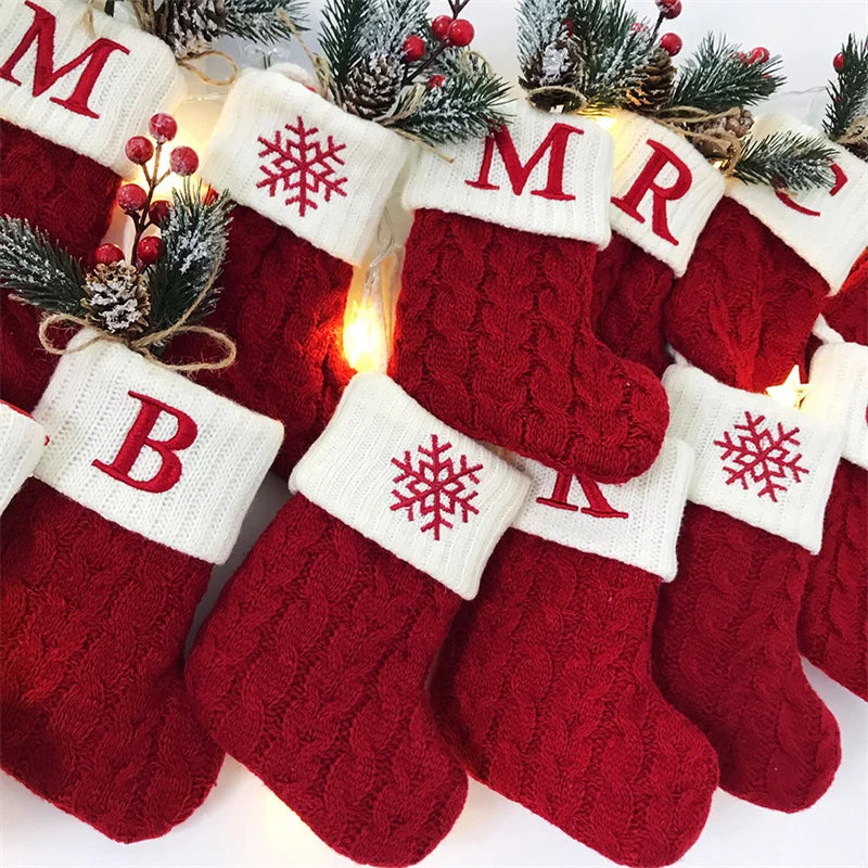 Merry Christmas Socks Red Snowflake 26 Alphabet Letters Stocking DIY Christmas Tree Pendant Christmas Decorations Home Xmas Gift