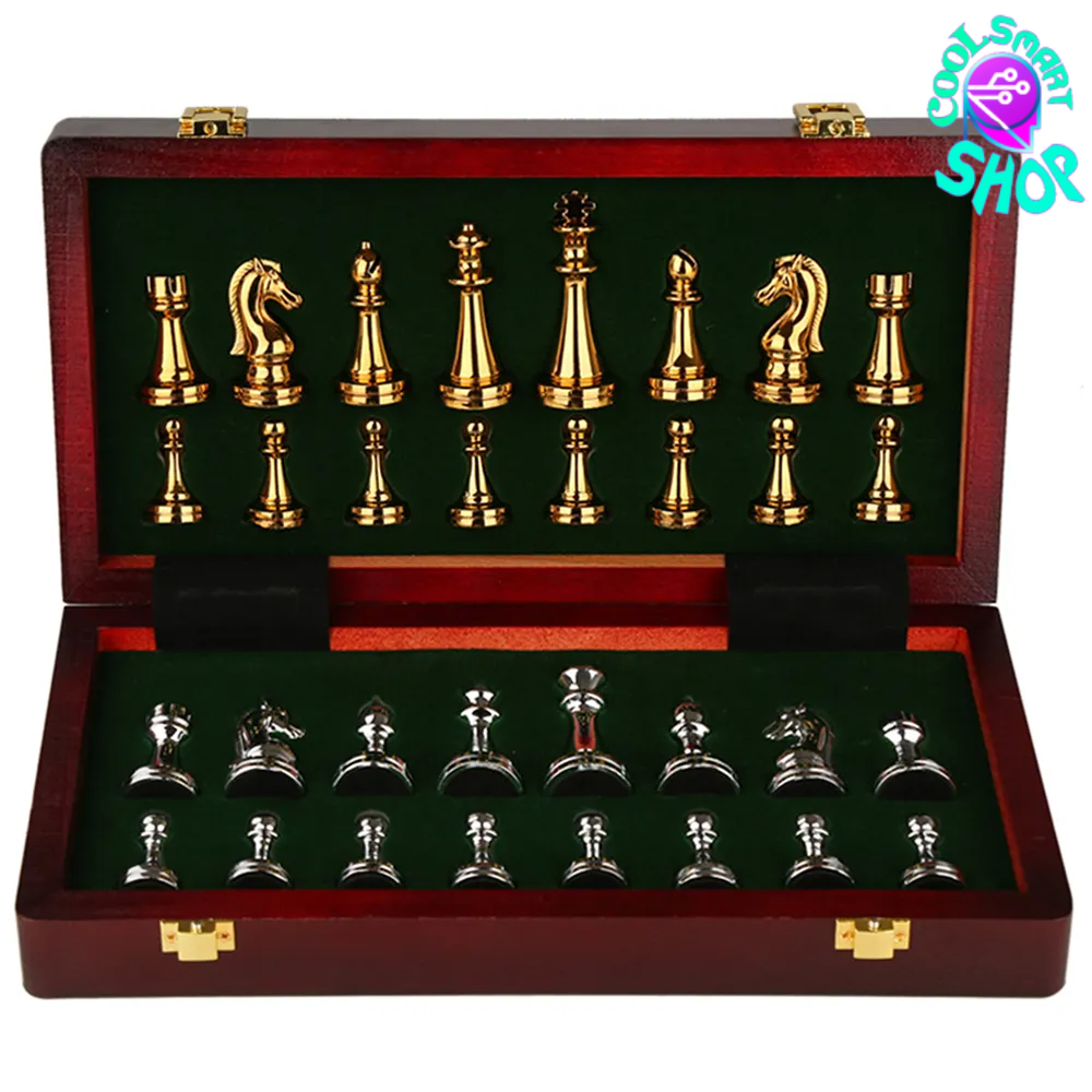 Metal Medieval Chess Set with High Quality Wooden Chessboard Adult and Children 32 Metal Chess Pieces Family Game Toy Gift