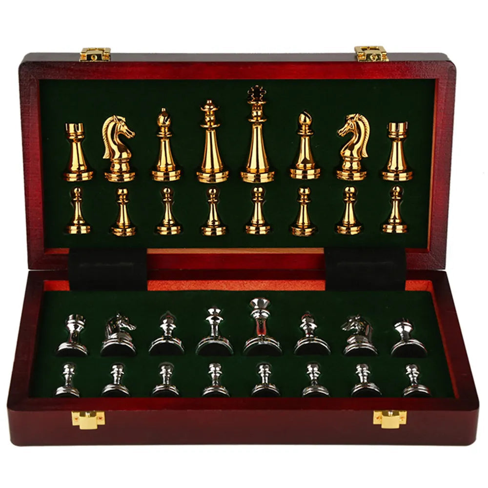 Metal Medieval Chess Set with High Quality Wooden Chessboard Adult and Children 32 Metal Chess Pieces Family Game Toy Gift Gold and Silver