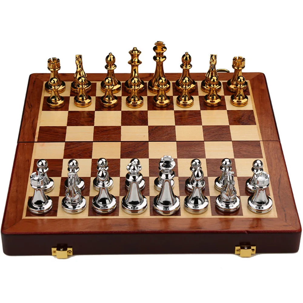 Metal Medieval Chess Set with High Quality Wooden Chessboard Adult and Children 32 Metal Chess Pieces Family Game Toy Gift