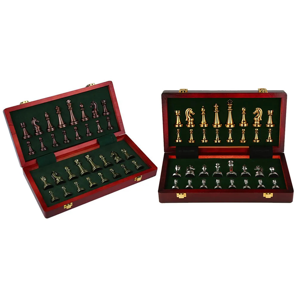 Metal Medieval Chess Set with High Quality Wooden Chessboard Adult and Children 32 Metal Chess Pieces Family Game Toy Gift