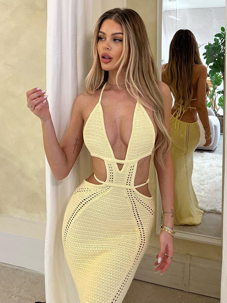 Mozision Hollow Out Halter Sexy Mini Dress Women Summer New Sleeveless Backless Skinny Club Party Knit Tank Dress Vestido Yellow