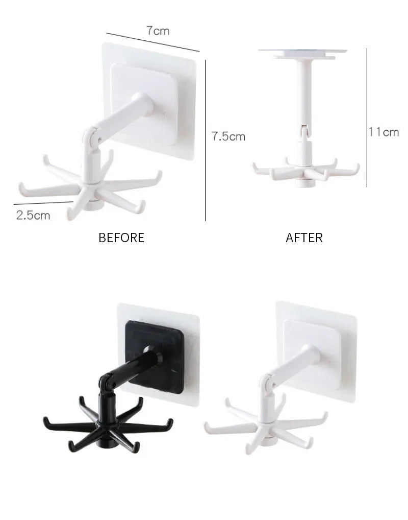 Multi-Purpose Self Adhesive Hooks 360 Degrees Rotated Wall Hooks Kitchen Six-claw Hanger Hook Holder Kitchen Bathroom Organizer