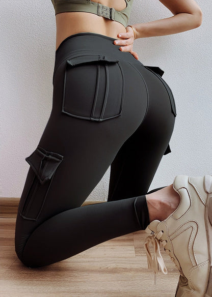 Multi-pocket Pants Yoga Leggings High Waist Solid Color Yoga Pants For Women Sporting Workout Leggins Elastic Slim Pant Black