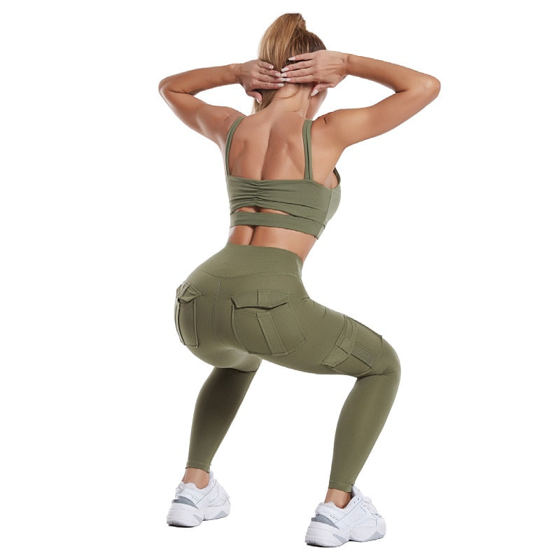 Multi-pocket Pants Yoga Leggings High Waist Solid Color Yoga Pants For Women Sporting Workout Leggins Elastic Slim Pant