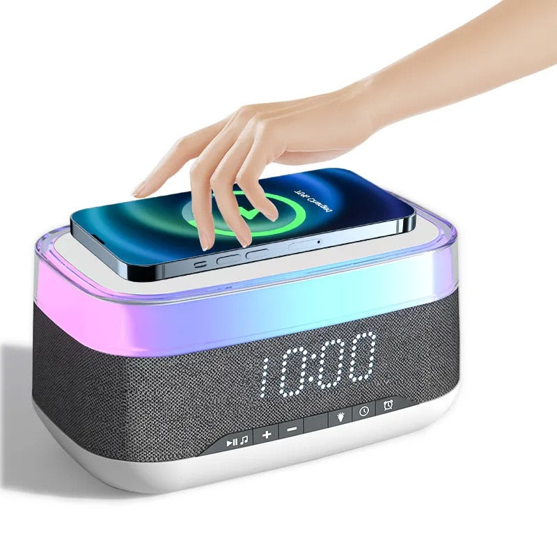 Multifunctional Intelligent Alarm Clock Bluetooth Speaker Wireless Charger Fast Charge Clock Atmosphere Night Light Home Decor