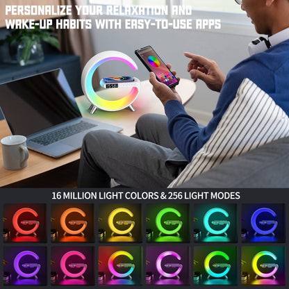 Multifunctional Wireless Charger Alarm Clock Speaker APP Control RGB Night Light Charging Station for Iphone 14 Samsung xiaomi