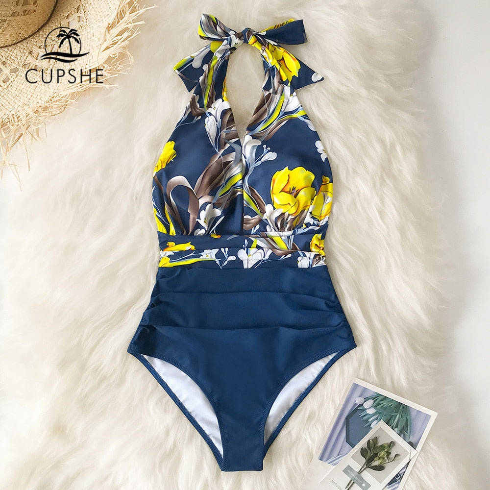 Navy Floral Deep V-neck Halter One-Piece Swimsuit Sexy Backless Lace Up Women Monokini Beach Bathing Suits Swimwear