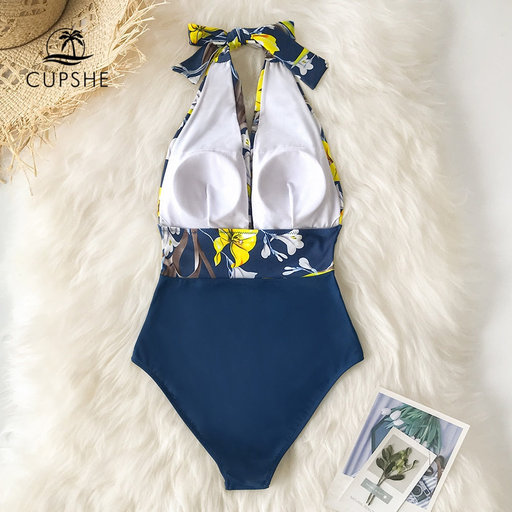 Navy Floral Deep V-neck Halter One-Piece Swimsuit Sexy Backless Lace Up Women Monokini Beach Bathing Suits Swimwear