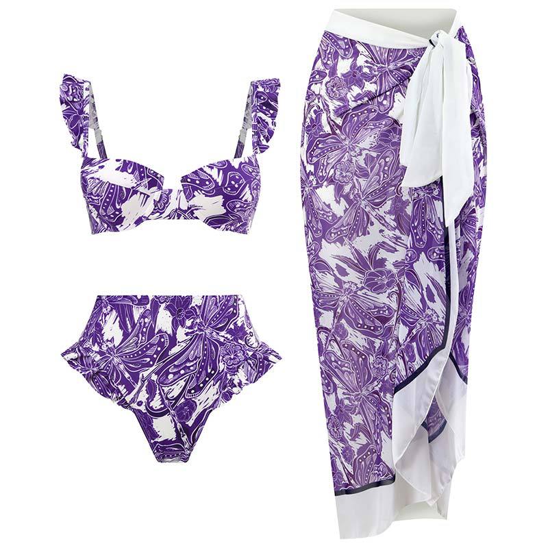 New 2-Piece Women Bikini Set Push Up Floral Printed Ruffle Bikini Strappy Bandage Swimwear Brazilian Biquini Bathing Suit Claret